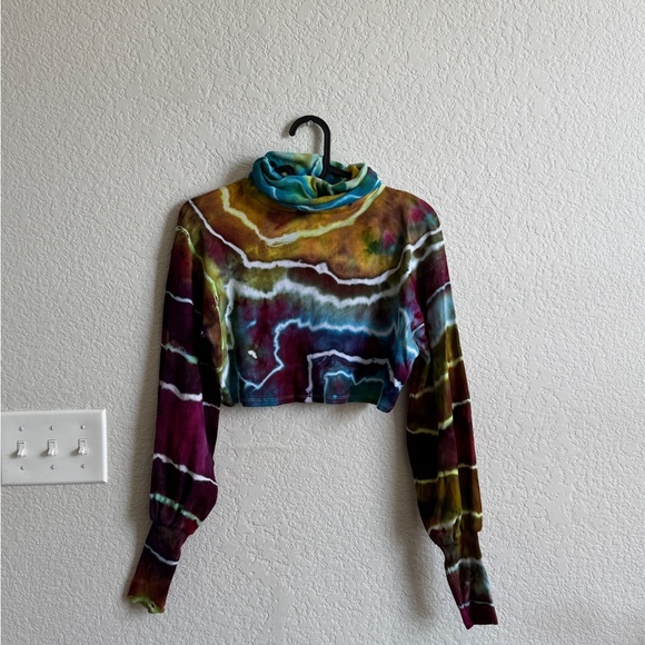 Handmade Geode Tie Dye Crop Top Tee Blouse Womens Small Long Sleeve Turtleneck - Picture 6 of 15